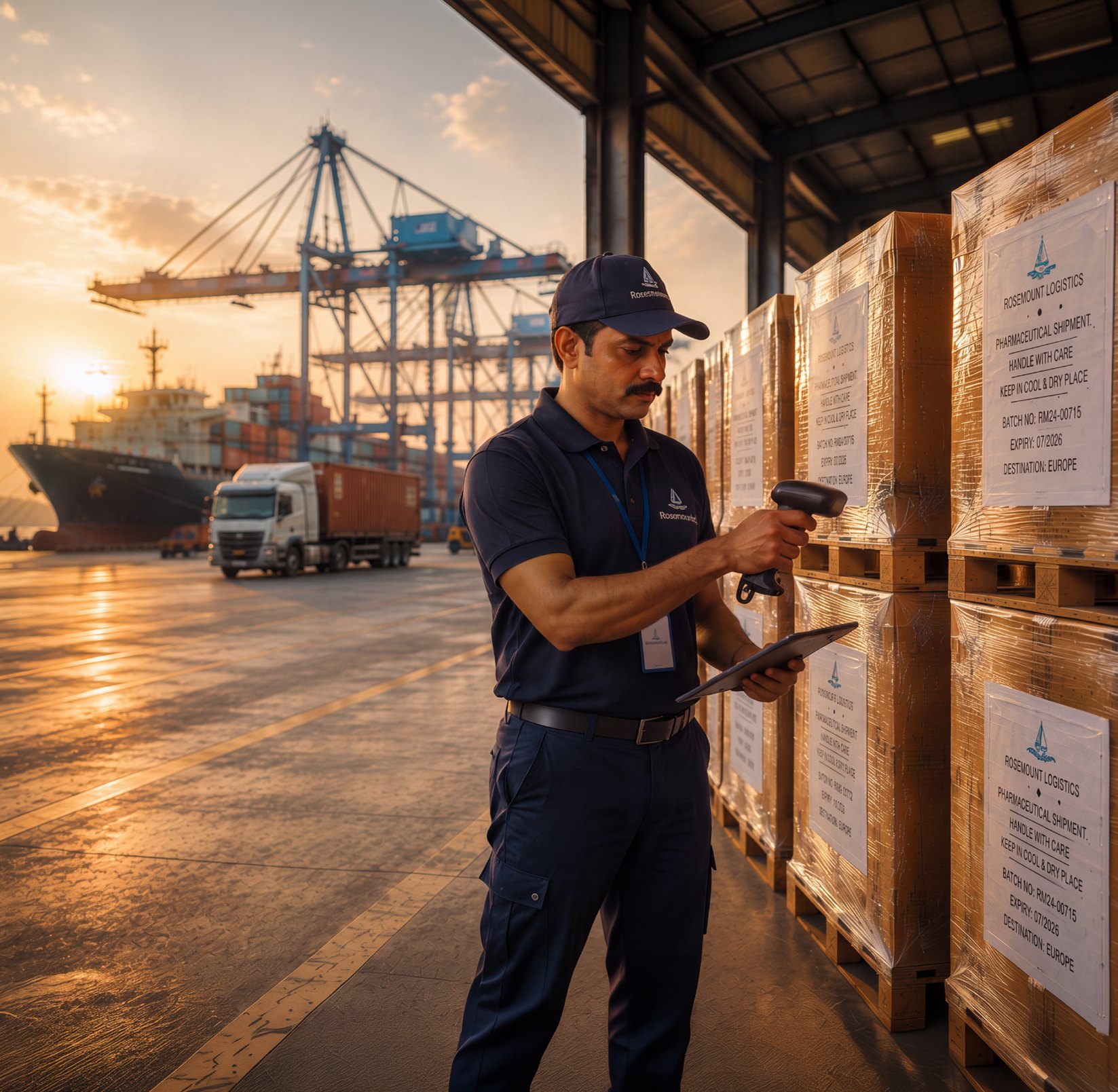 Rosemount logistics professional checking cargo at a port